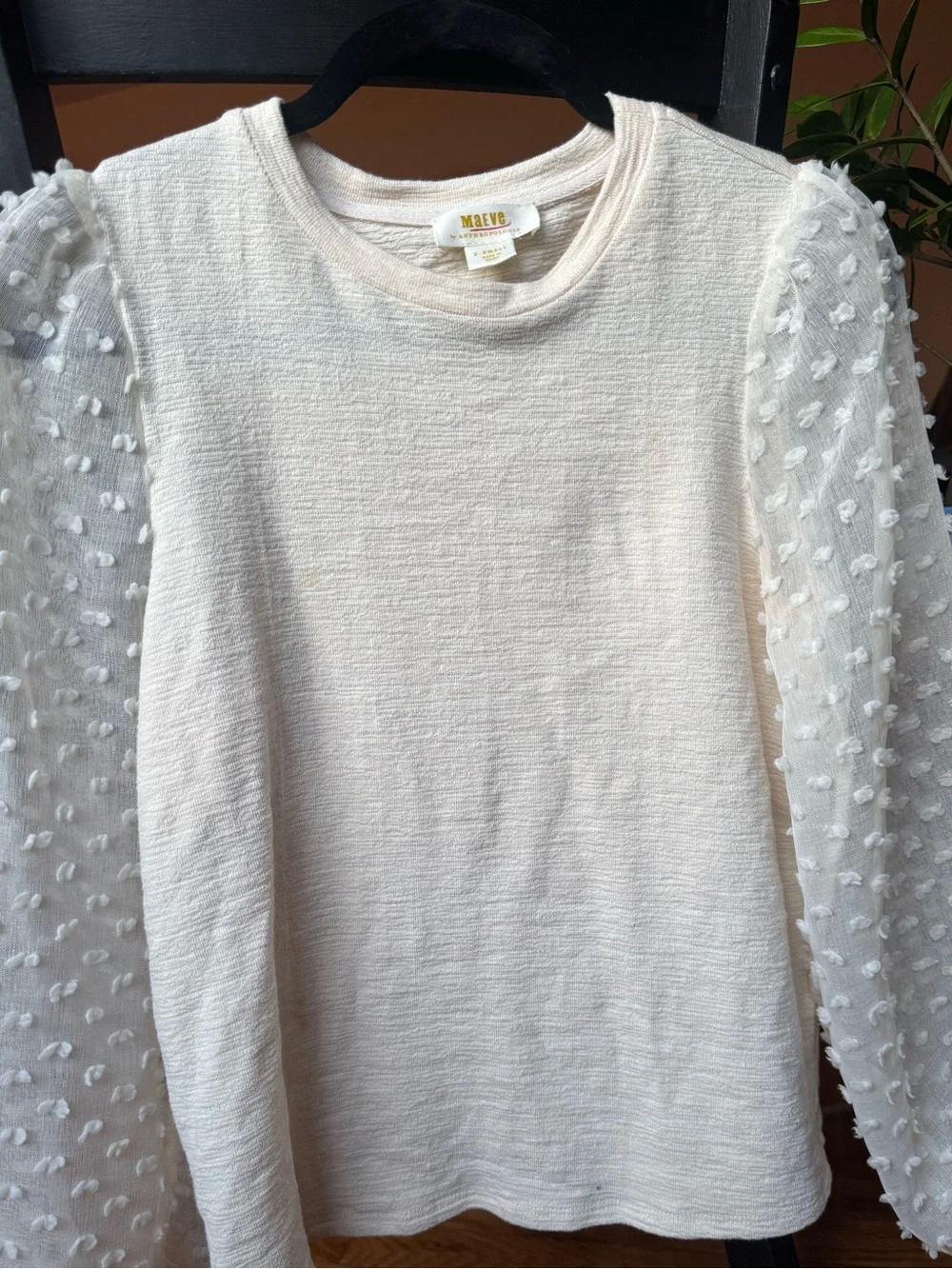 Maeve Anthropologie Swiss Dot Puff Sleeve Knit Top Ivory XS